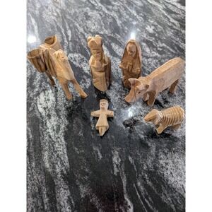 VTG‎ Primitive Hand Carved Bethlehem Olive Wood Christmas Holy Nativity 6 Piece